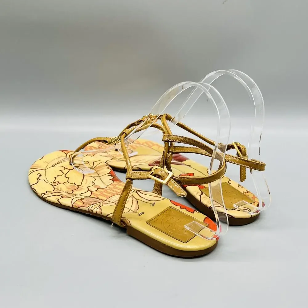 Tory Burch Sandals Womens 7.5 Tan Patent Leather Floral Thong Logo Flats